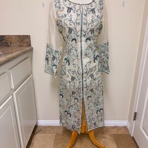 Net Salwar Kameez Embroidered 3pc Set Cream and Green With Crystals Fits S-L